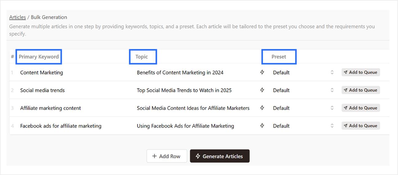 Bulk content creation setup: add keywords, topics, and presets.
