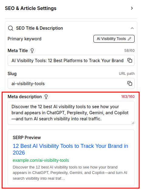 Contentpen 'SEO & Article Settings' preview for article 'AI Visibility Tools.'