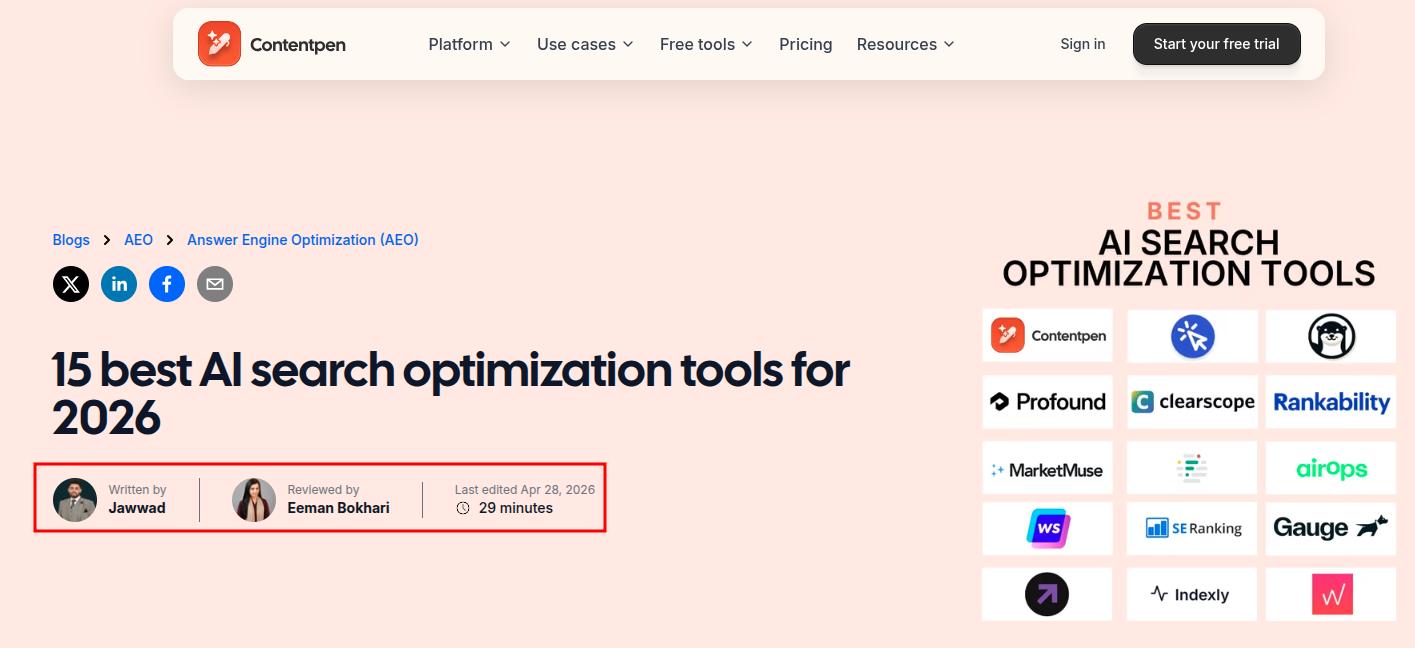 Contentpen example for showing E-E-A-T signals for blog 'AI search optimization tools.'
