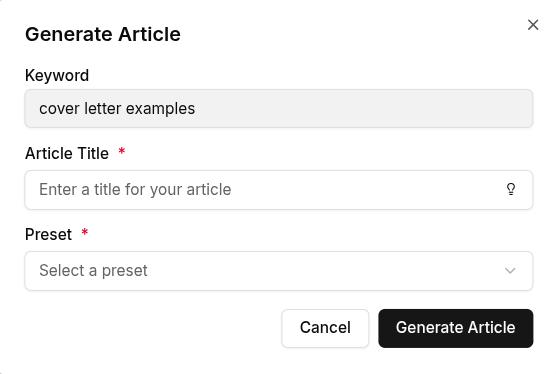 Article generation window - Contentpen.ai.