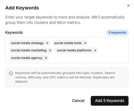 Manually add keywords - Contentpen.ai.