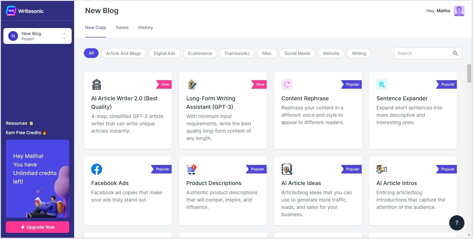 Writesonic main interface