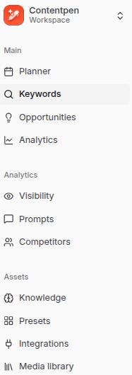 Contentpen keyword option selection from the main menu.