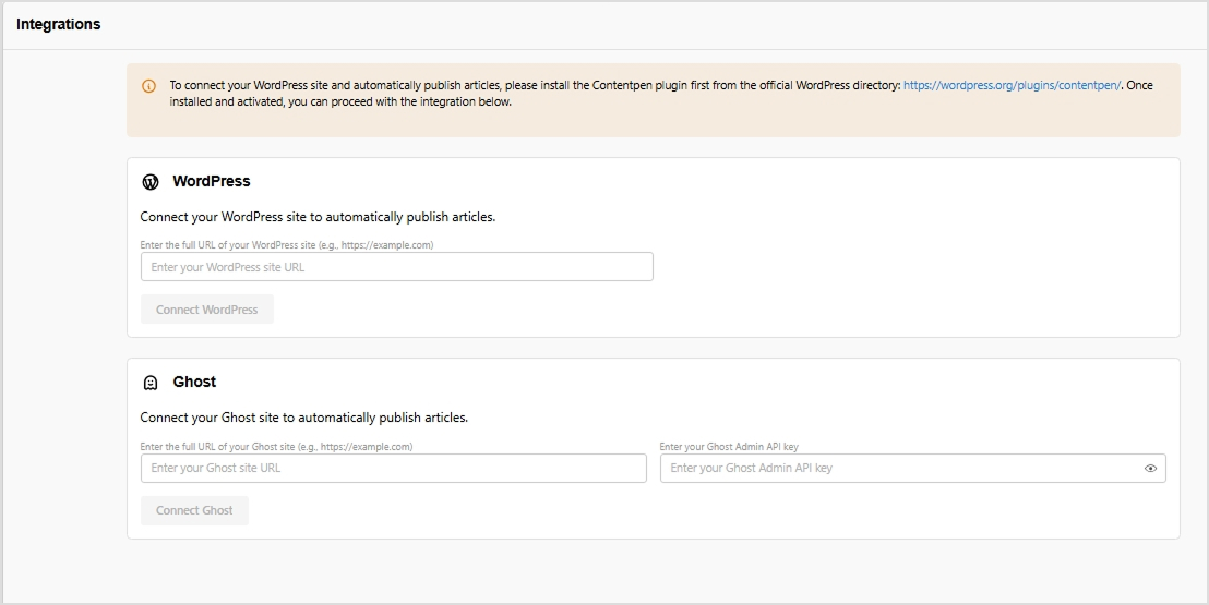 Connecting wordpress with Contentpen