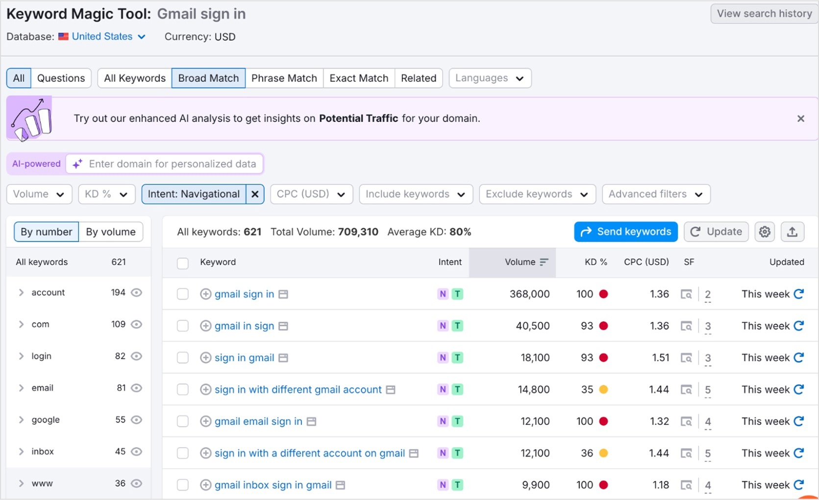Navigational keyword intent filter