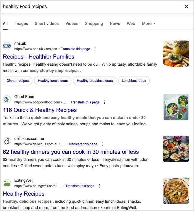Short-tail keyword example