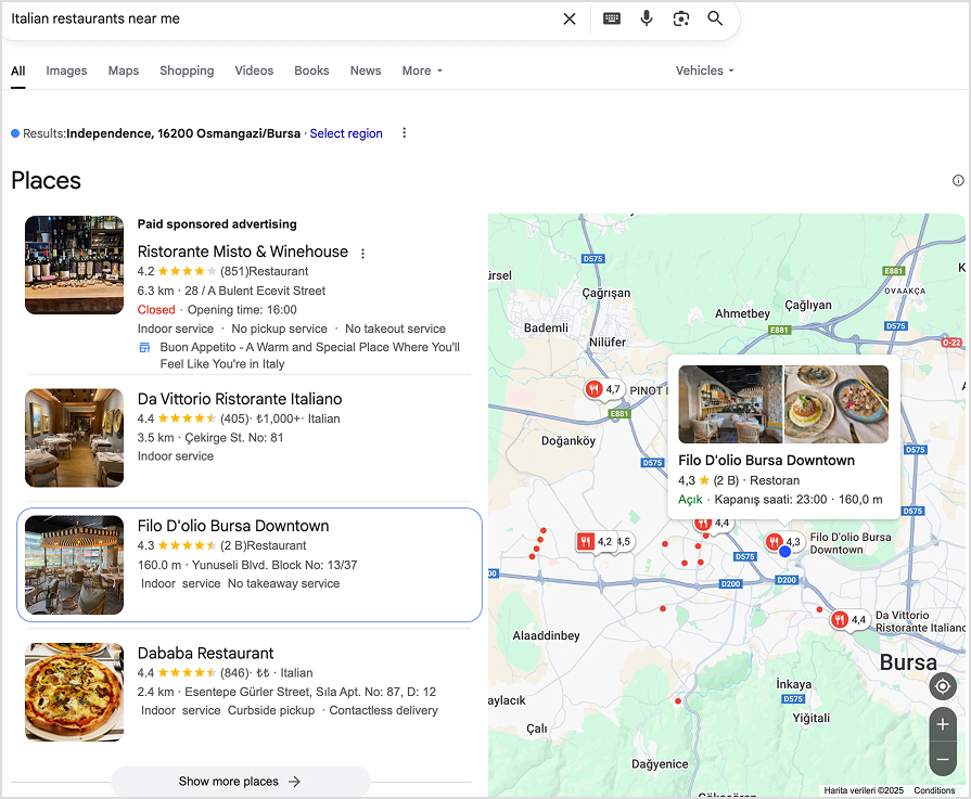 Near me type of keyword example shown on Google for an Italian restaurant