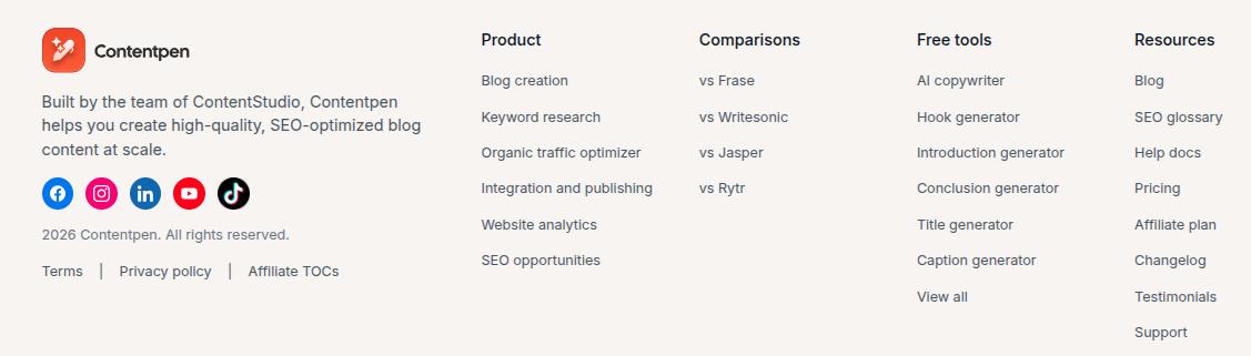 Blog footer with navigation links to help resources and support pages - Contentpen.ai.
