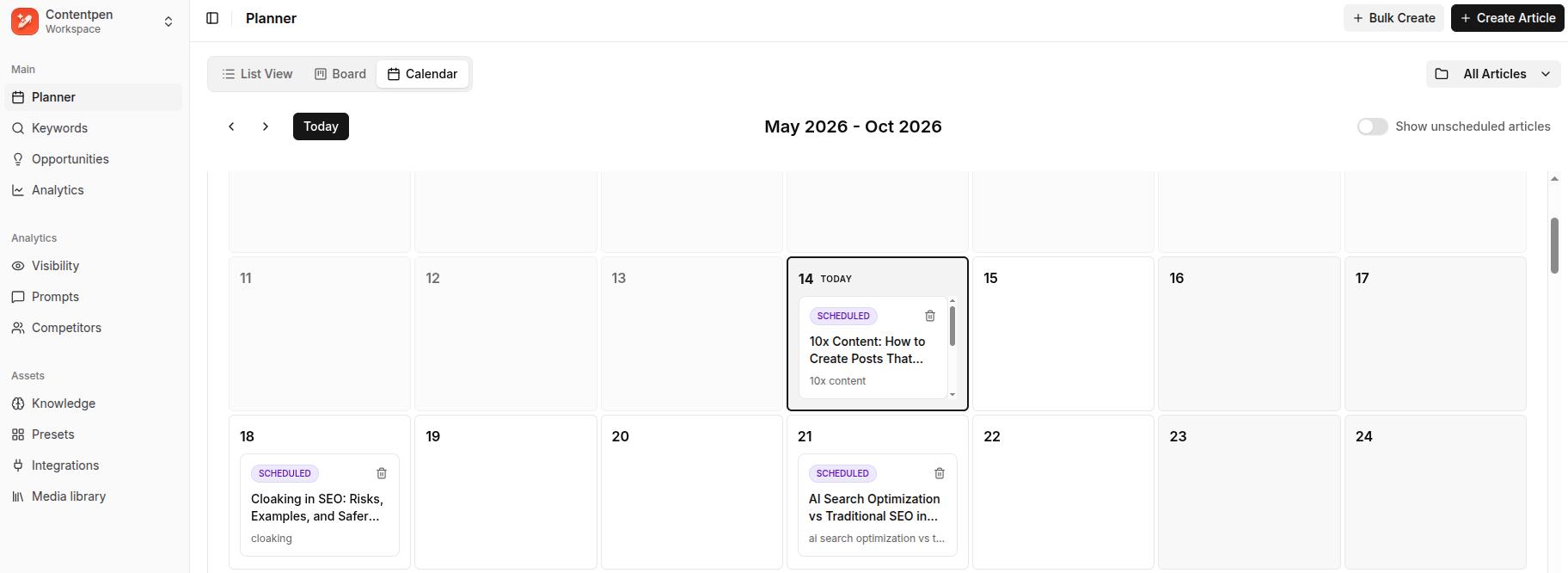 Contentpen calendar showing scheduled posts for May 2026.