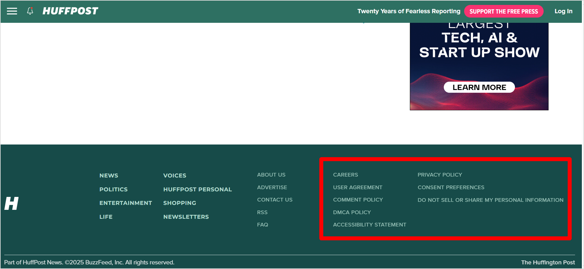 Huffpost 'Privacy', 'Contact', and 'Terms of Service' pages in the footer.