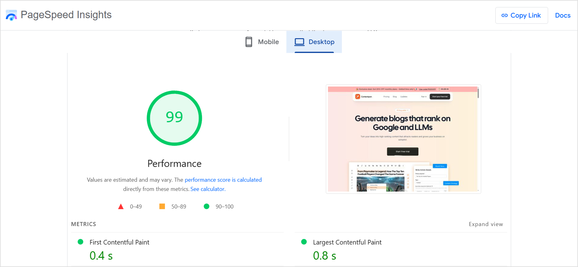 Google PageSpeed Insights for Contentpen.ai.