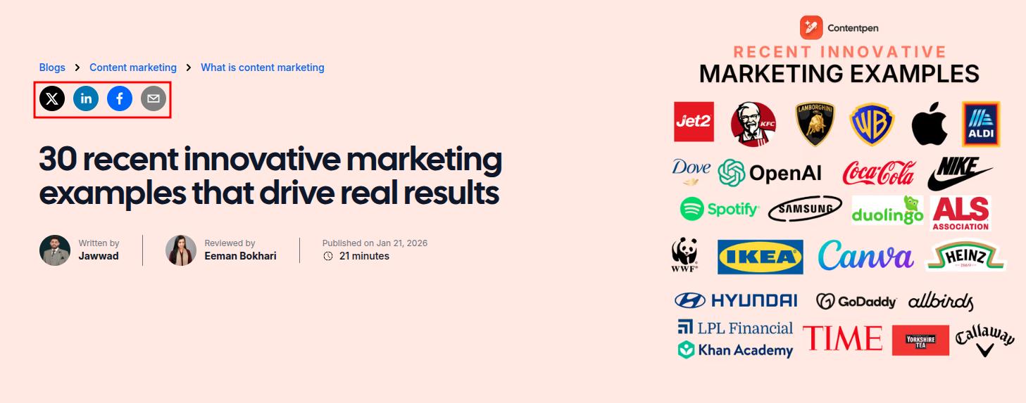 Social sharing buttons for our blog 'recent innovative marketing examples' - Contentpen.ai.