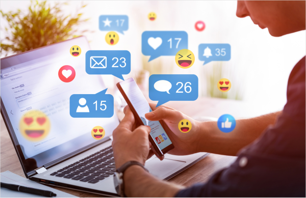 Social media likes, shares, comments, and reacts showing up on a screen.