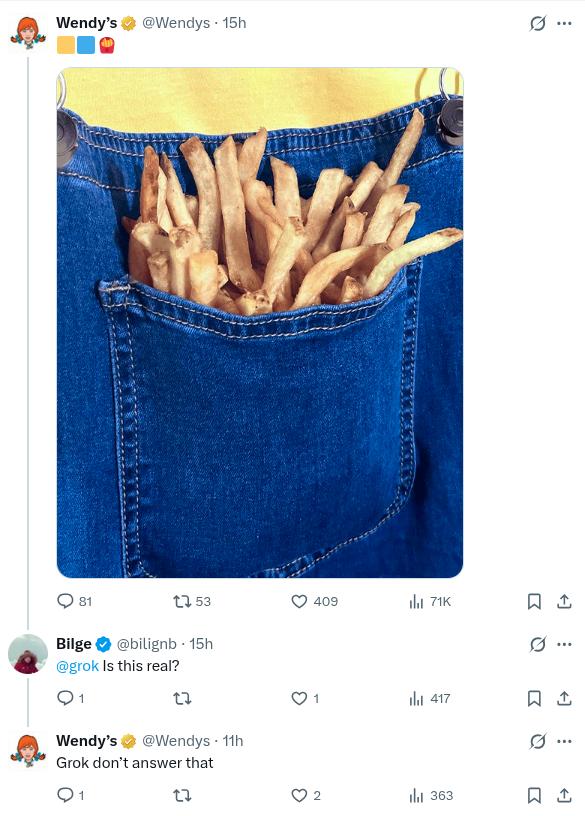 Wendy's example of engaging with their audience on X with witty replies.