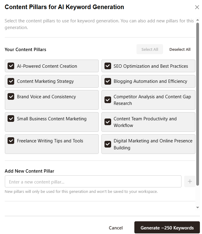 Content pillars feature - Contentpen.ai