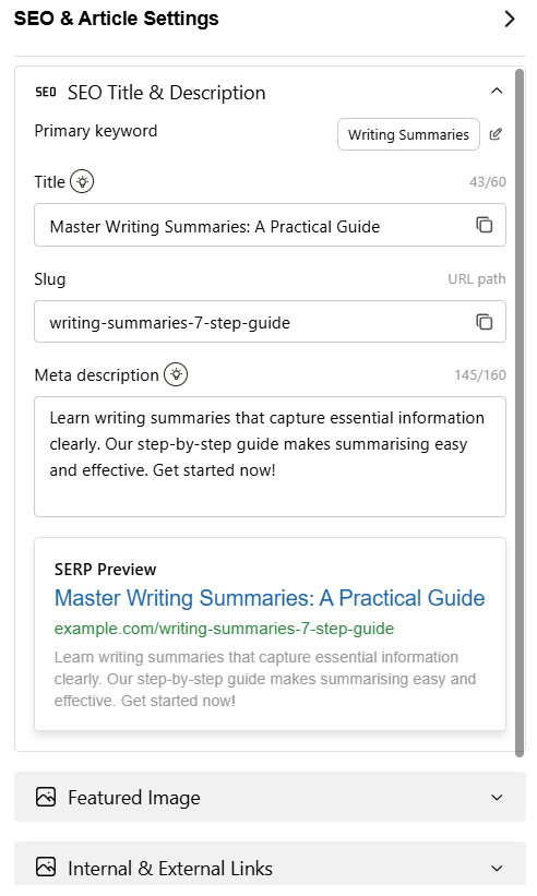 SEO and article settings - Contentpen.ai