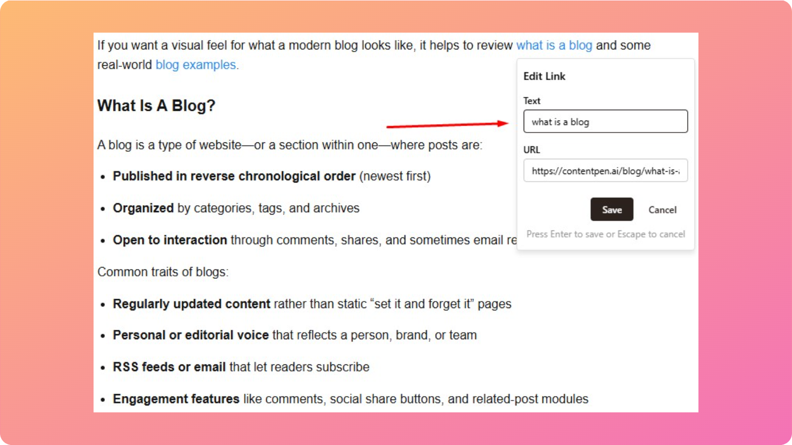 Contentpen anchor text and link edit options - Contentpen.ai