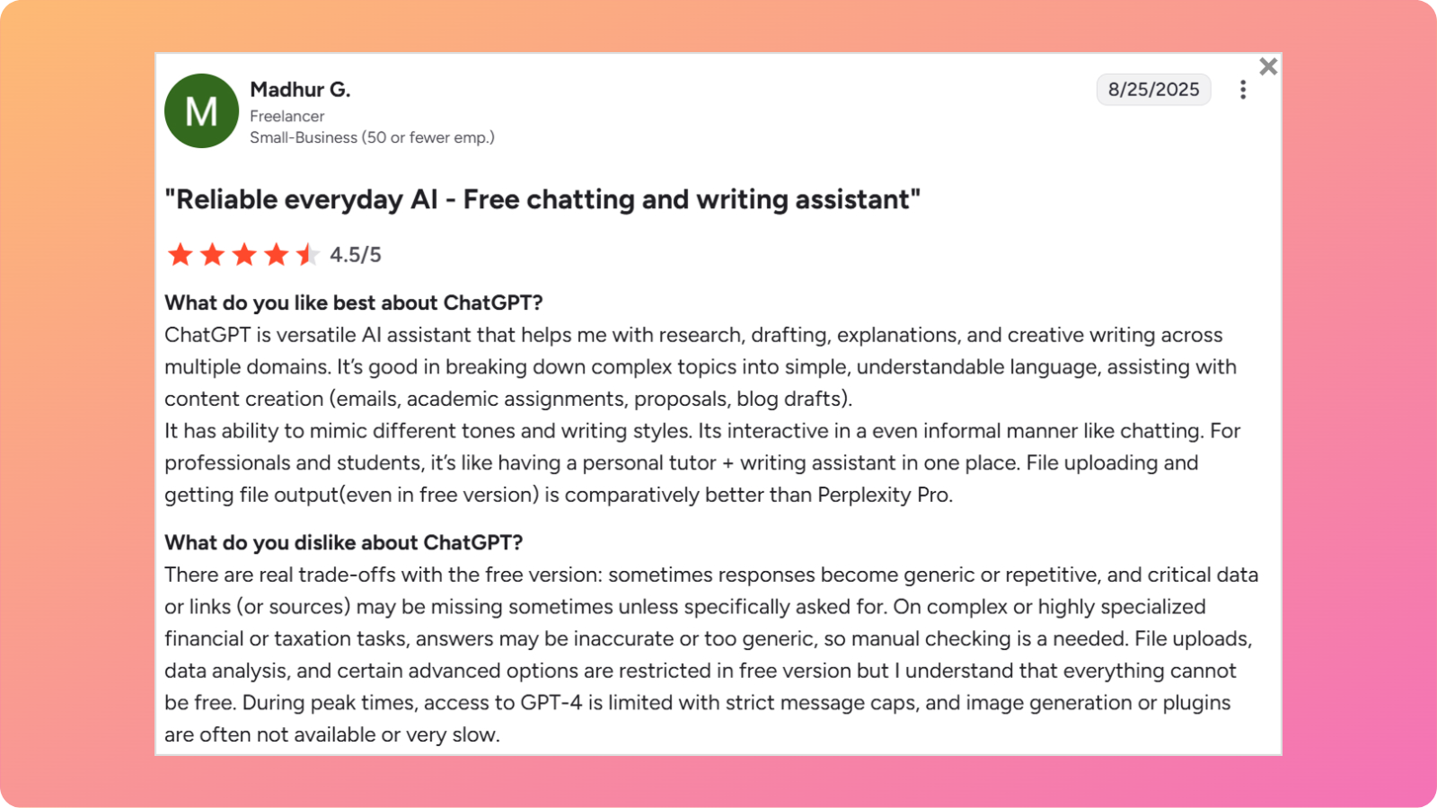 An image showing a ChatGPT user review