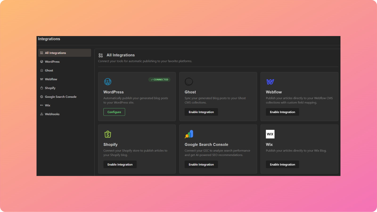 Integration menu - Contentpen.ai