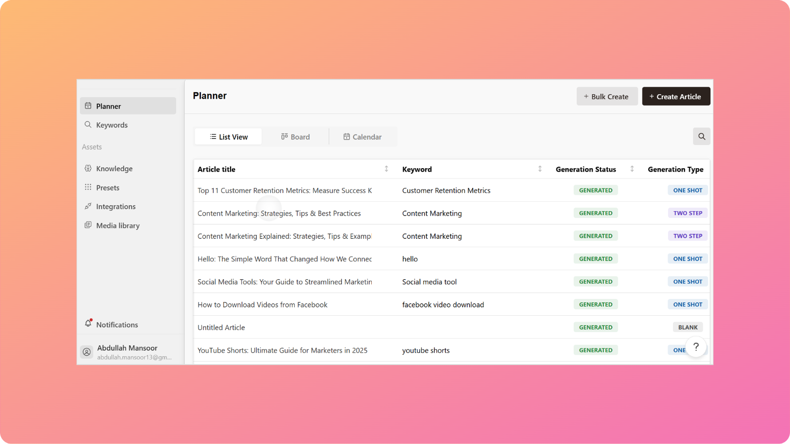 Main screen interface - Contentpen.ai