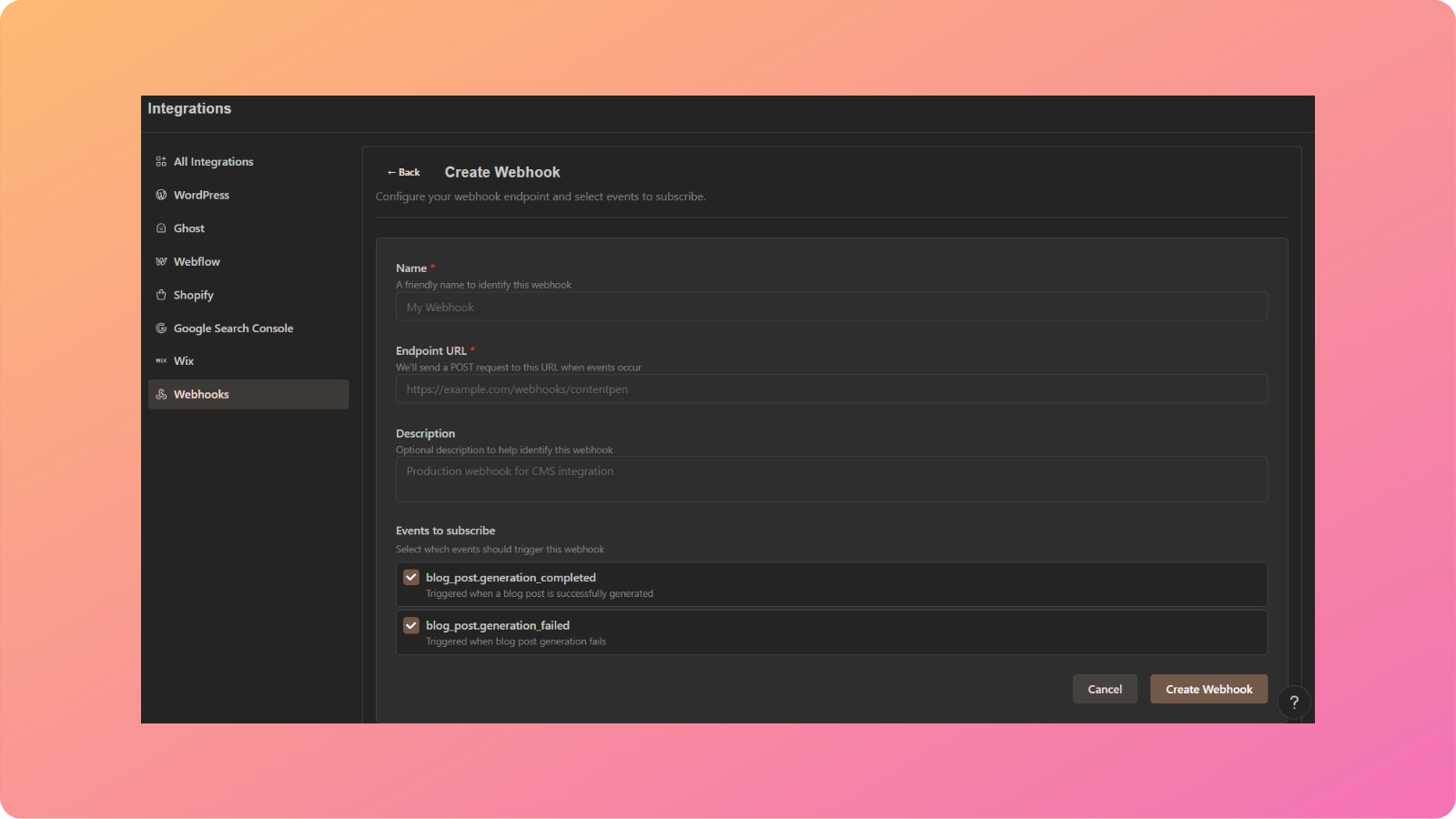 Main webhook menu - Contentpen.ai