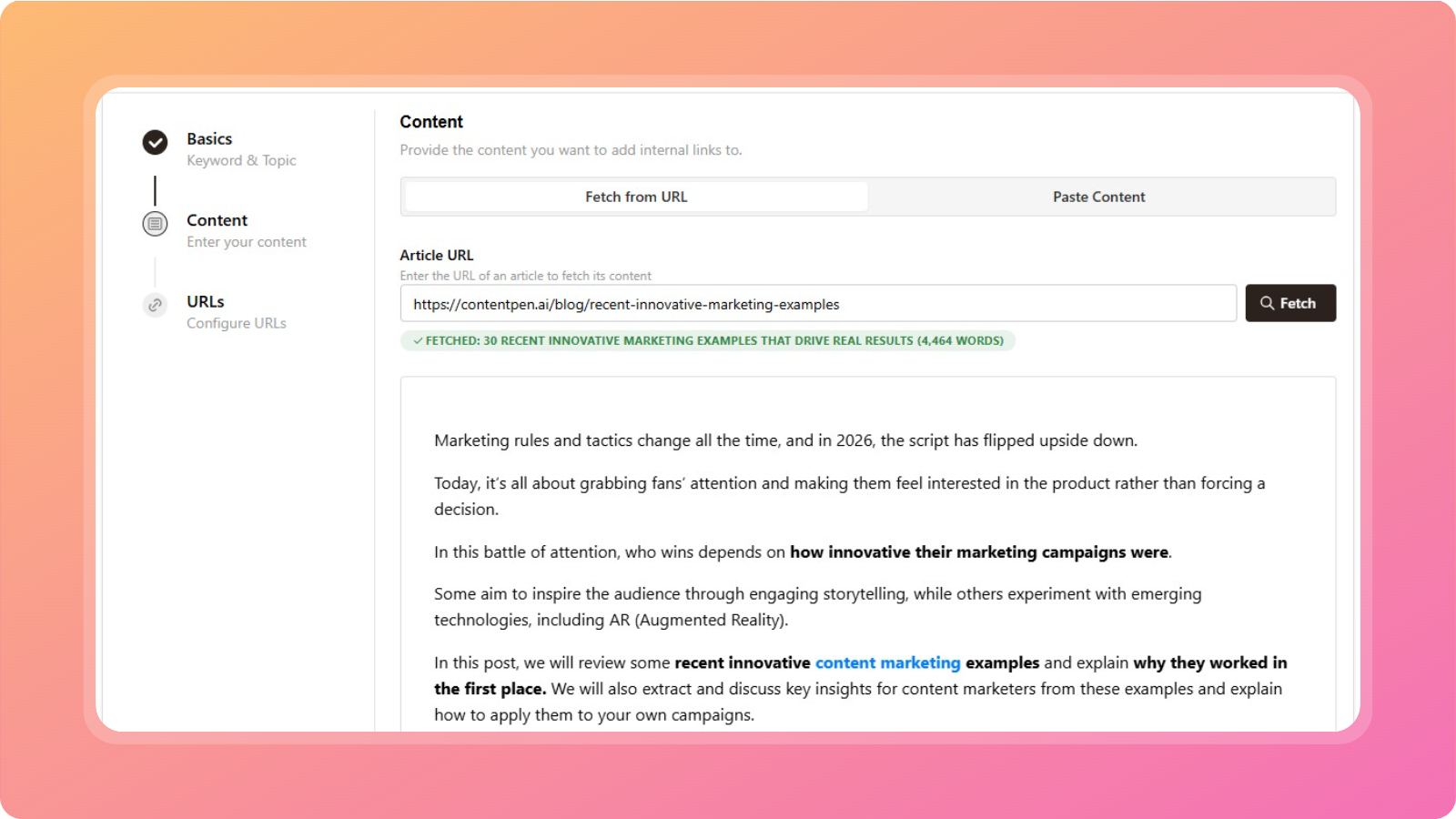 Fetching content for internal linking - Contentpen.ai