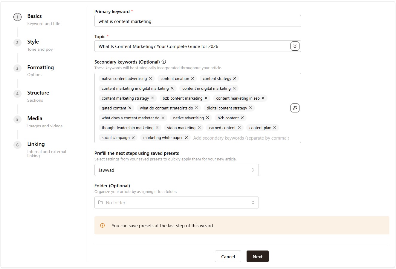 Keyword selection screen - Contentpen.ai