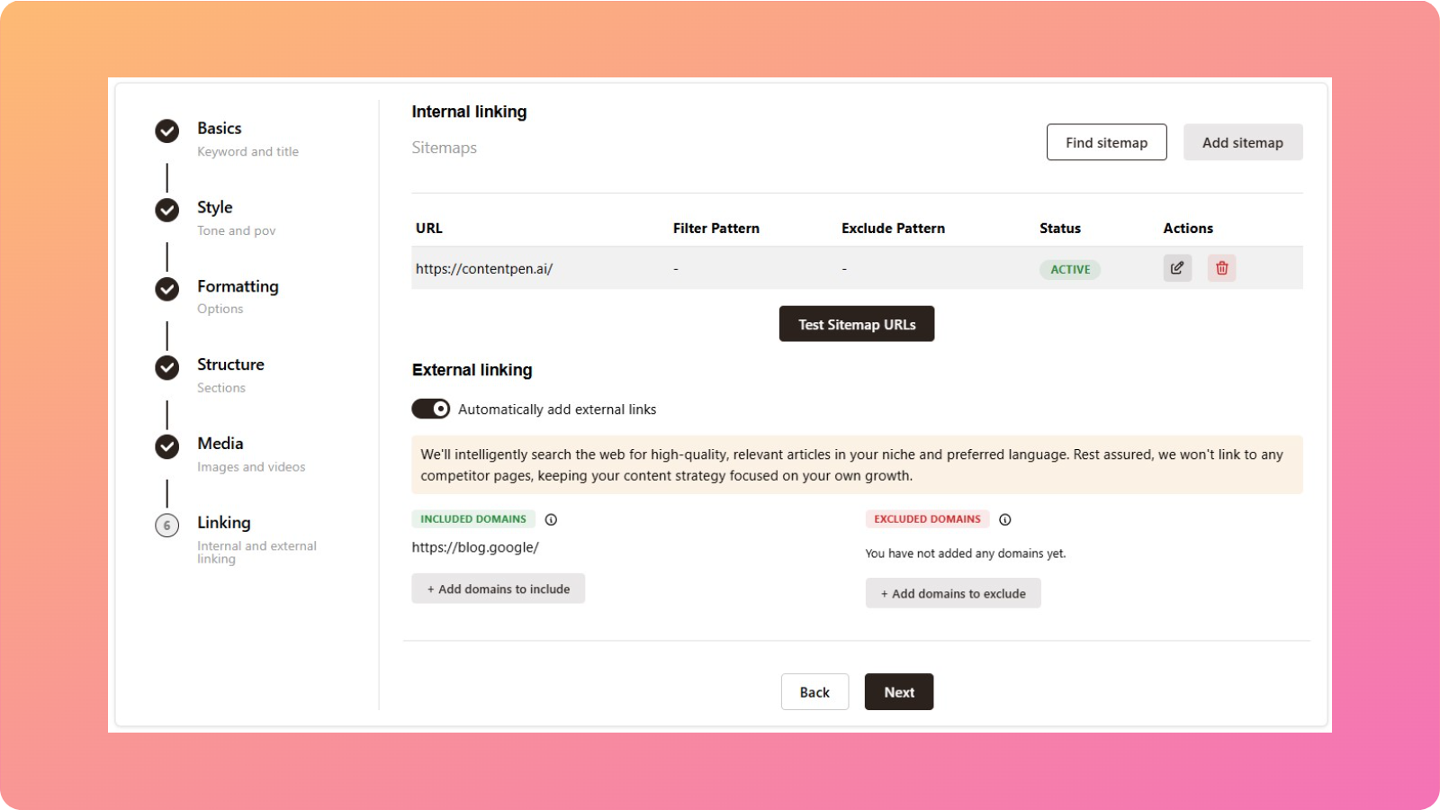 Linking interface - Contentpen.ai