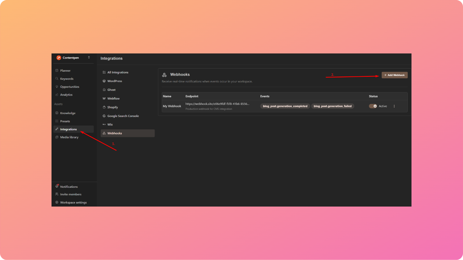 Main webhook screen - Contentpen.ai