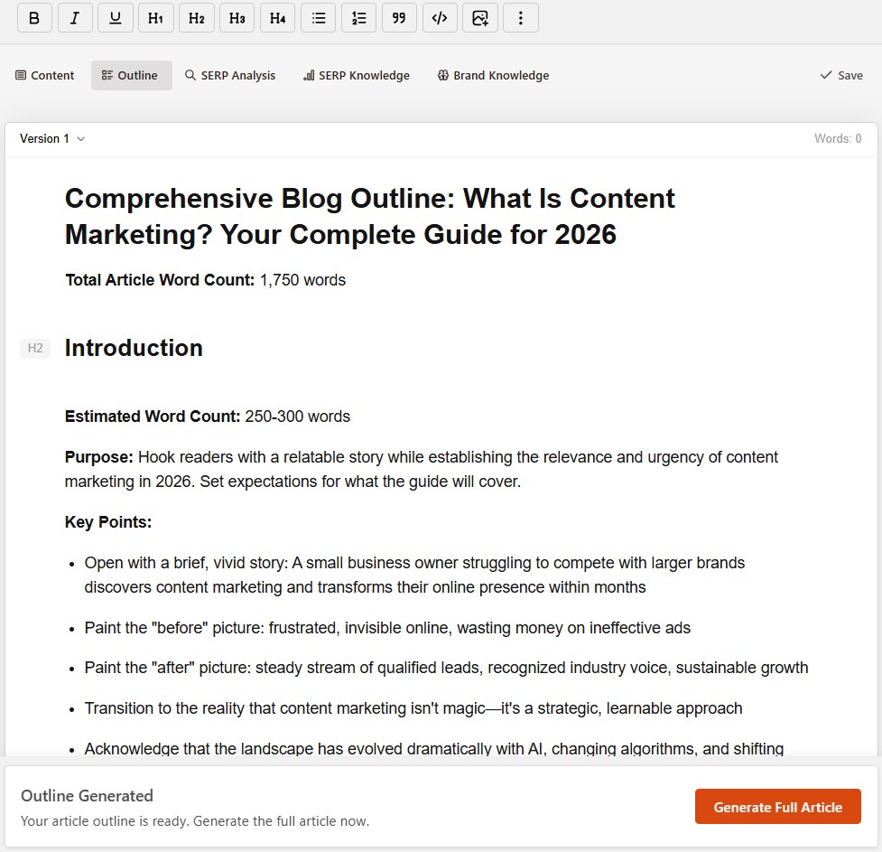 Outline generated screen - Contentpen.ai