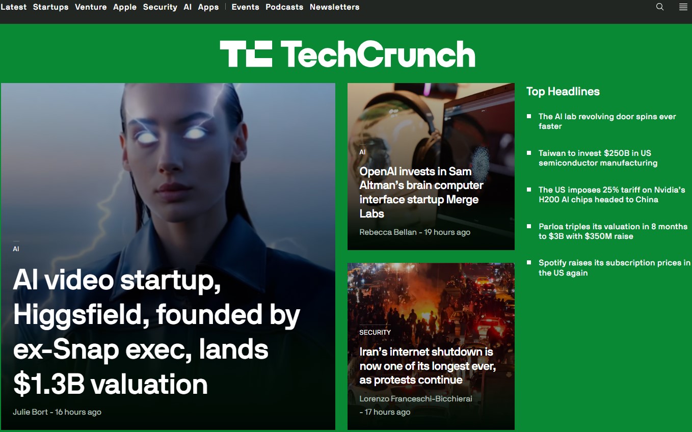TechCrunch blog page