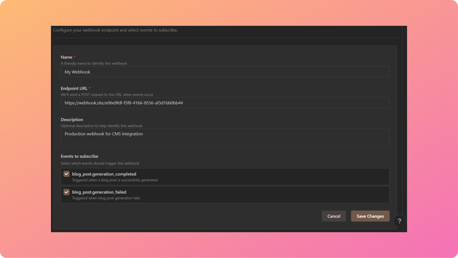 Webhook configuration screen - Contentpen.ai