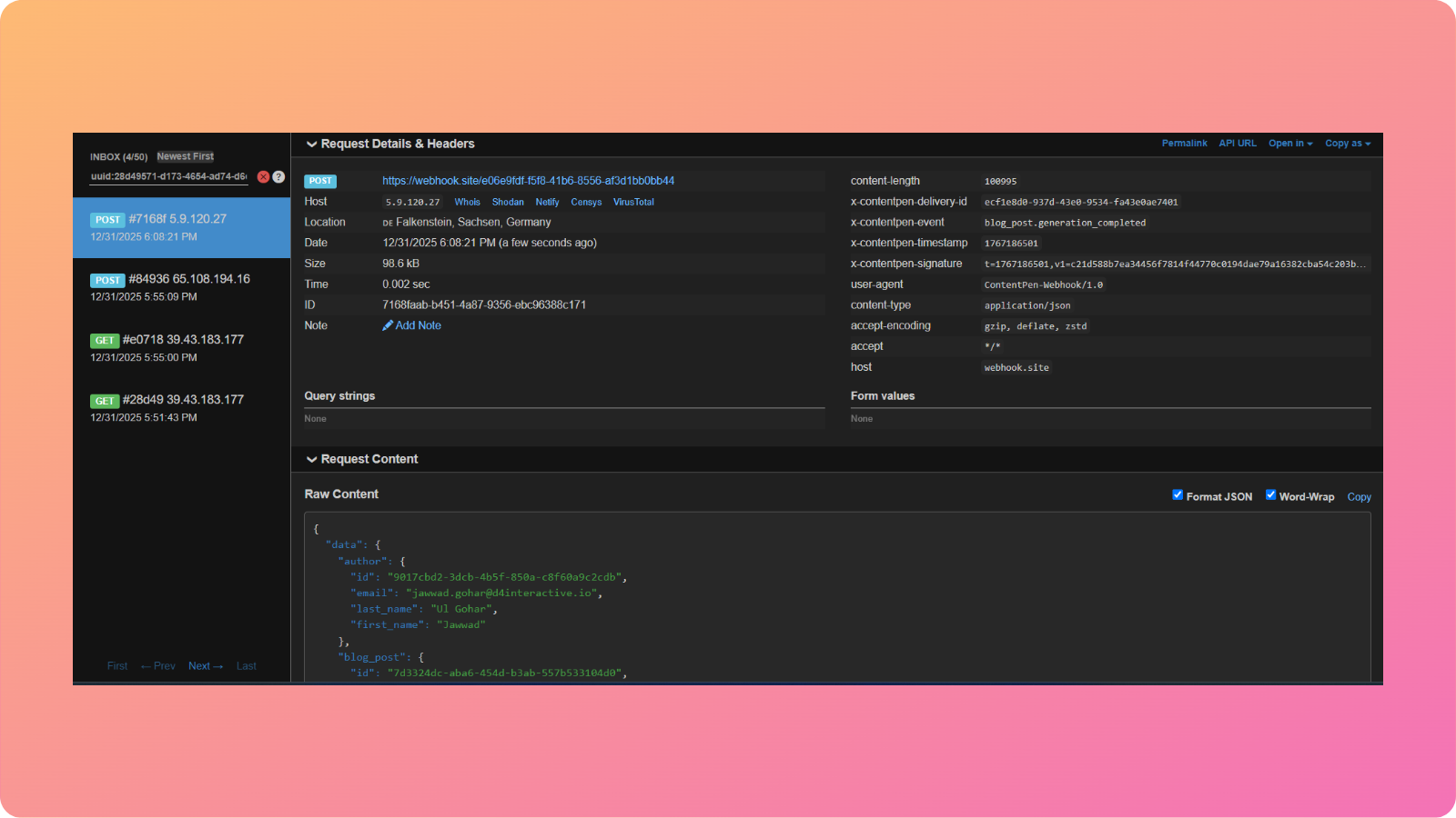 Webhook testing result