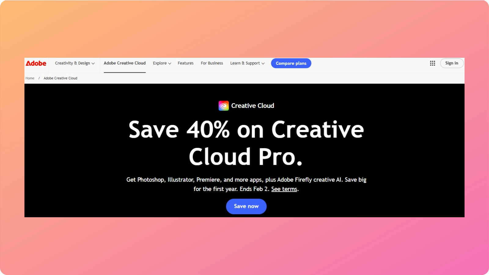 Adobe CC main landing page