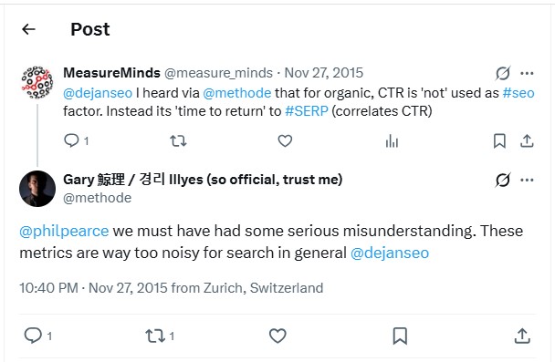 Gary Illyes Tweet on CTR importance in SEO