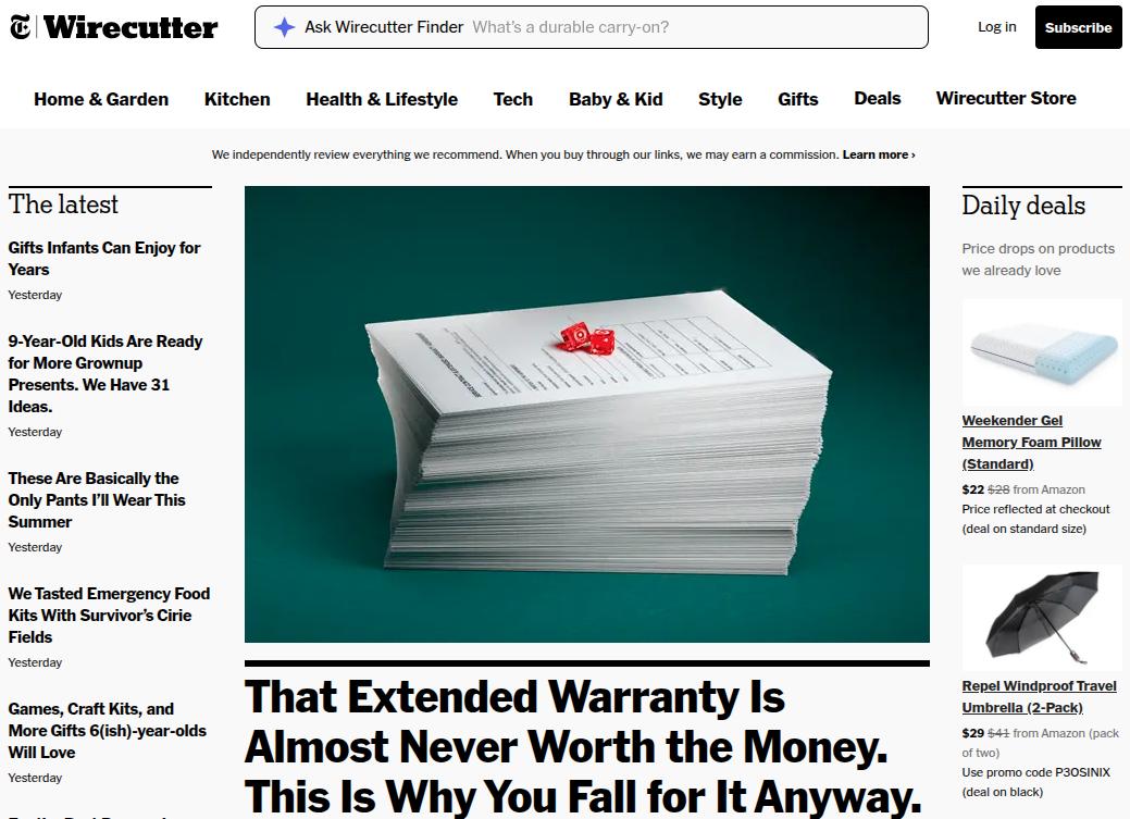 The New York Times' Wirecutter landing page.