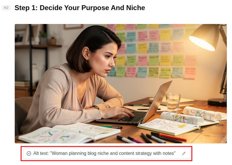 Contentpen auto-generated alt text example showing a woman planning blog niche and content strategy at a desk with notes and sticky boards.