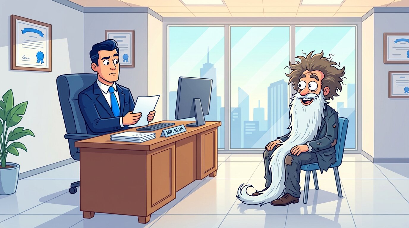 A cartoon sketch of a businessman seated behind a desk interviewing a candidate in a suit who has scruffy hair and a long white beard.
