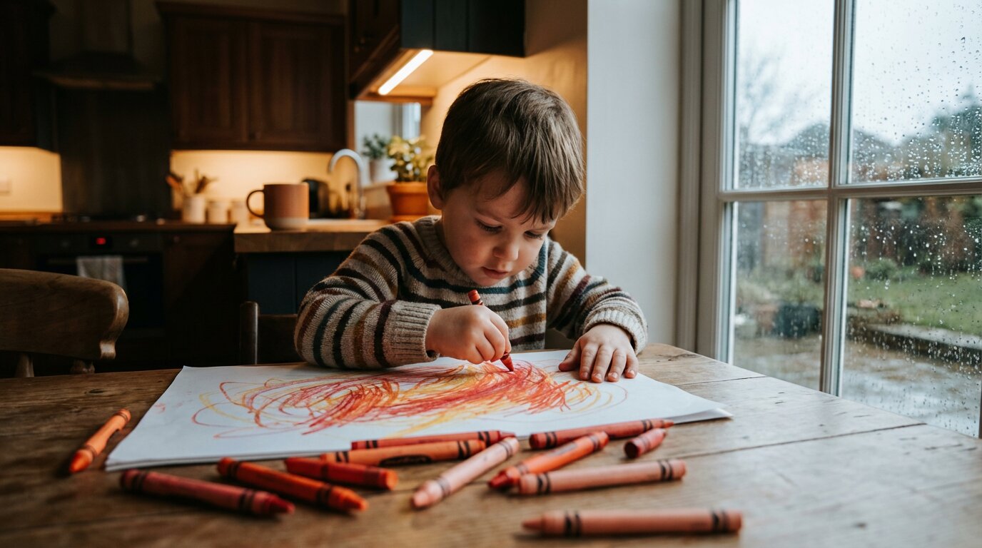 Child drawing with crayons at a kitchen table on a rainy afternoon.