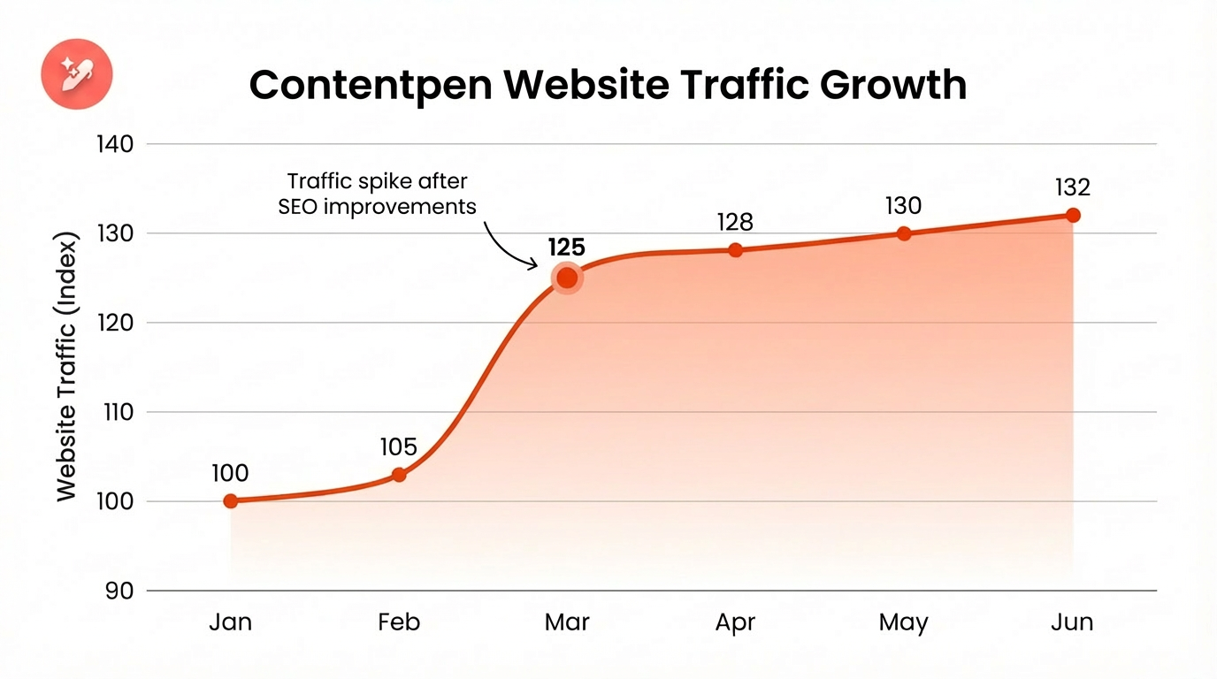Line chart showing a 25% increase in quarterly website traffic from Q1 to Q2, with the sharpest growth in March - Contentpen.ai.