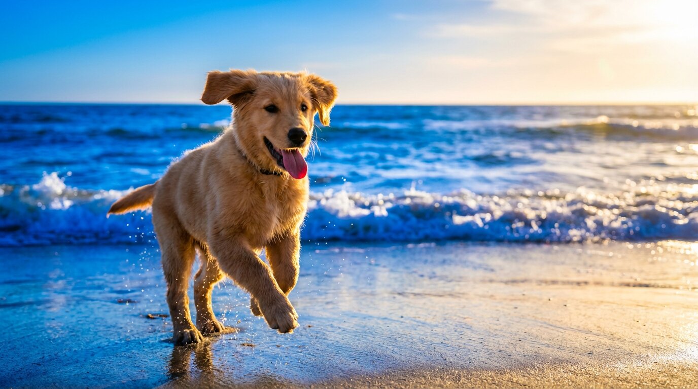A golden retriever puppy running on a beach.
