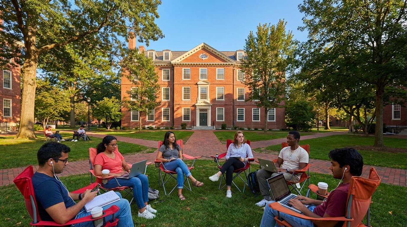 Students sitting in brightly colored chairs outside Hollis Hall on a sunny afternoon.