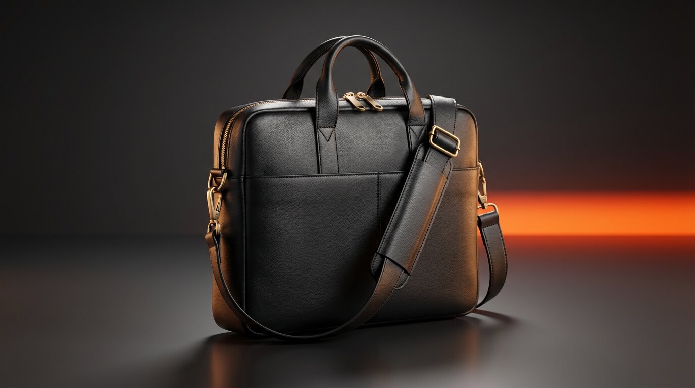 Matte black leather laptop bag with gold zip pulls and padded shoulder strap.