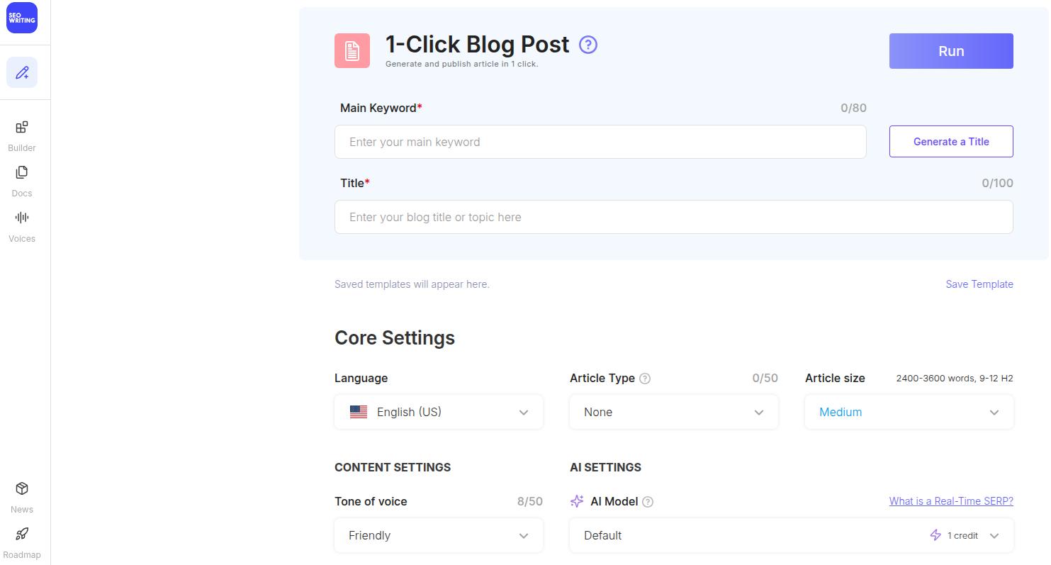 SEO Writing AI one-click article generation screen