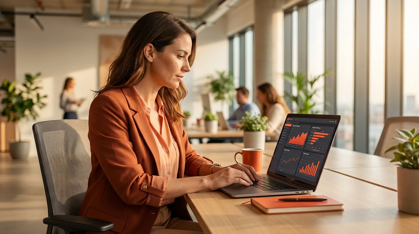 Content manager reviewing an SEO report on a laptop in a bright, modern office.