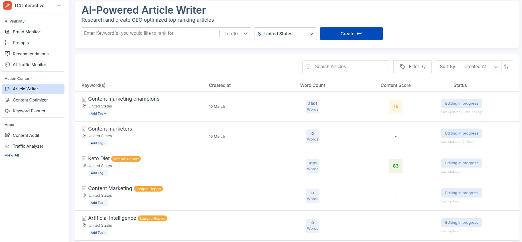 Scalenut AI Article Writer main interface with some sample blogs generated.