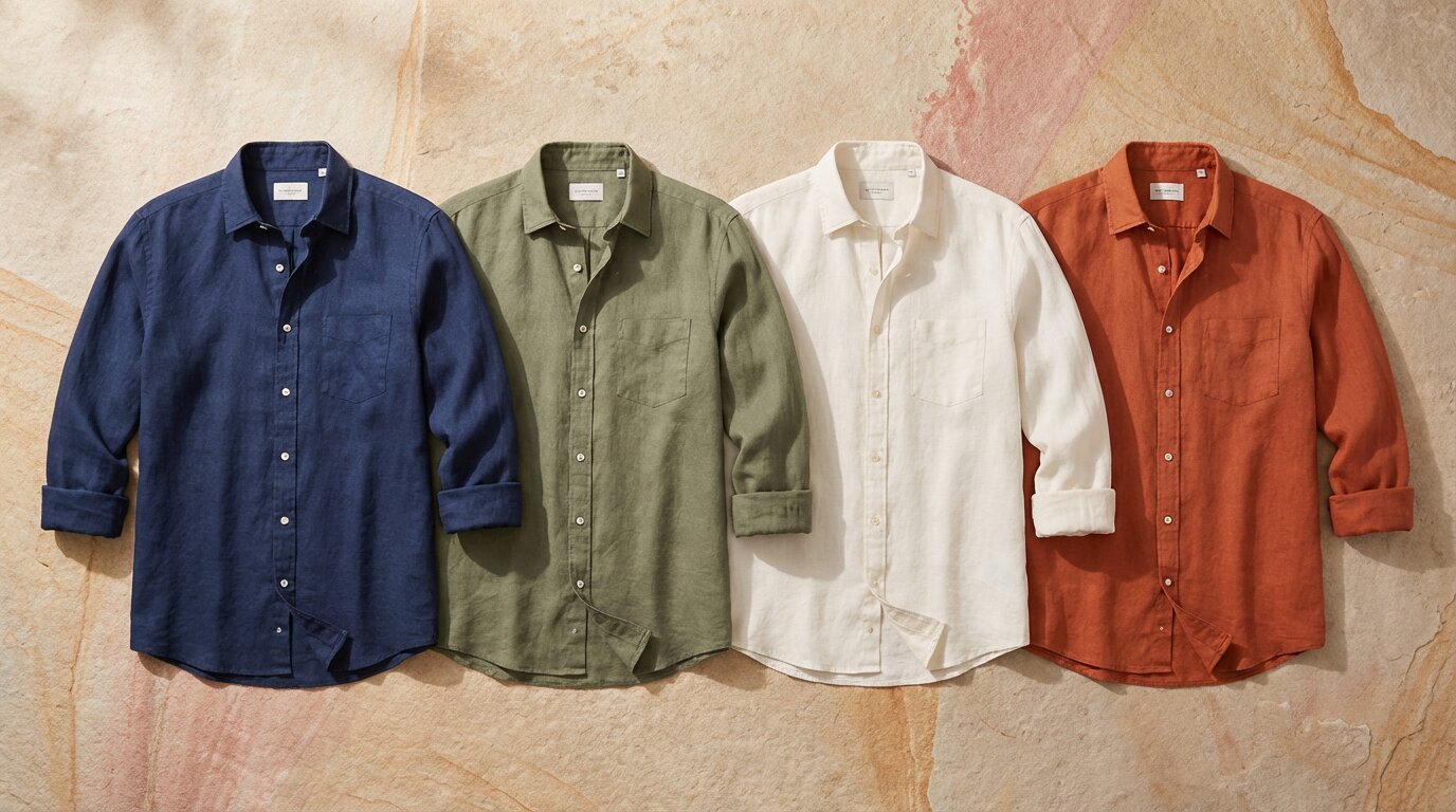 Men's linen shirts button-down in navy, olive, white, and terracotta.