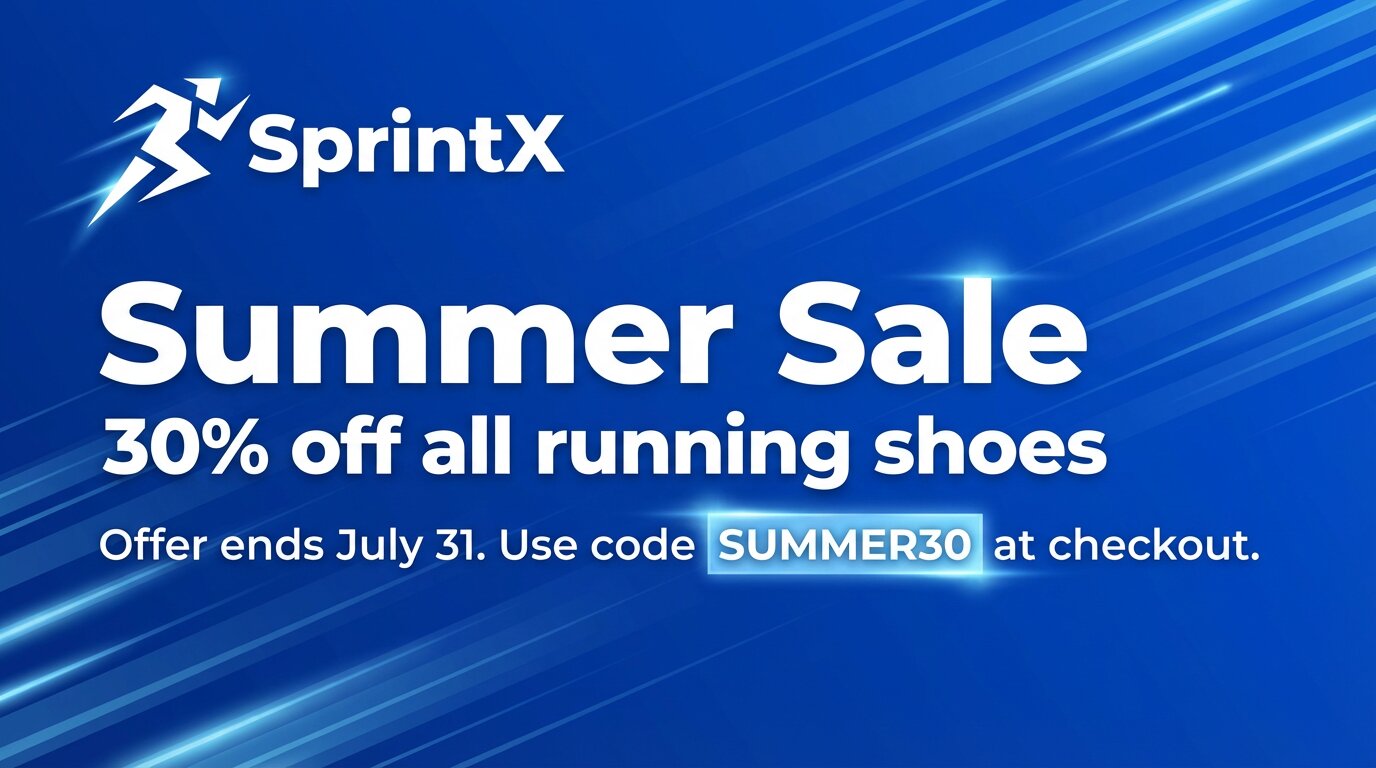 A blue-white banner for SprintX, reading: Summer Sale: 30% off all shoes. Offer ends July 31. Use code SUMMER30 at checkout.