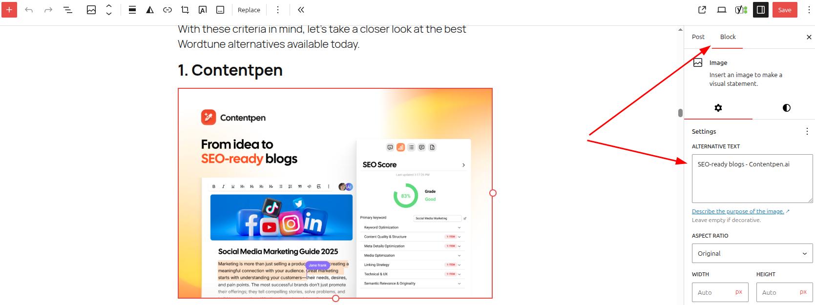 Contentpen WordPress panel showing a blog with an image being edited for alt text.