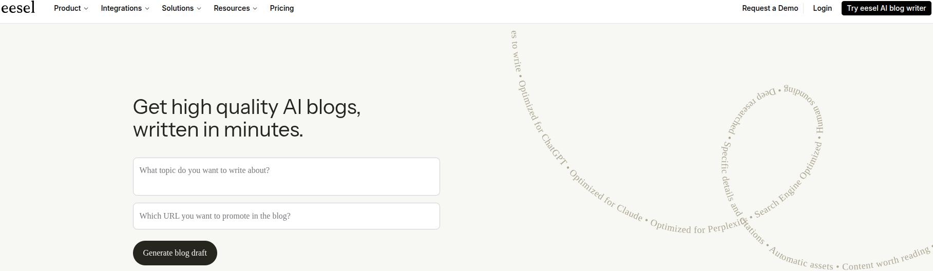 Eesel AI blog writer main landing page.